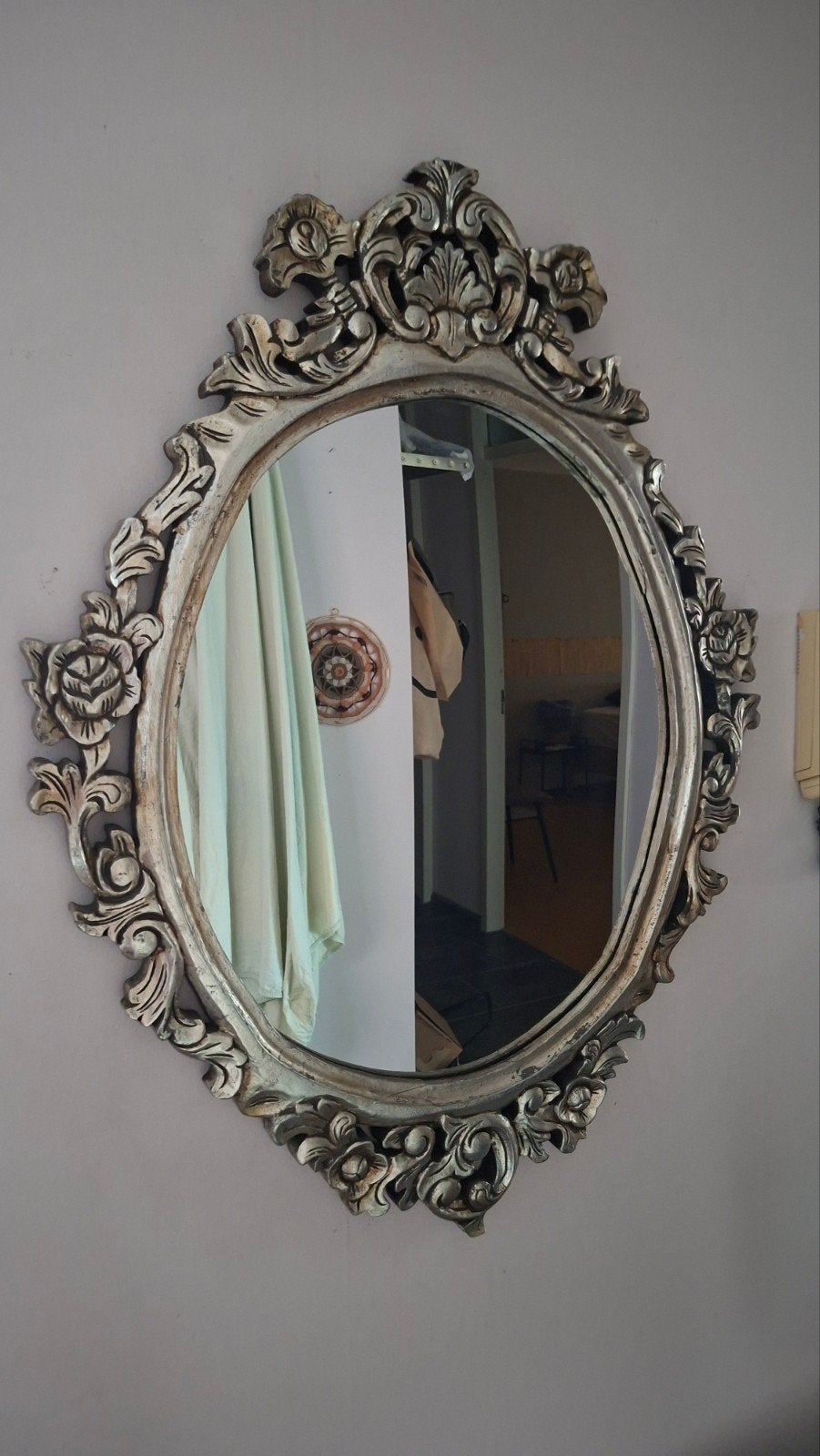 Barok spiegel zilver met ornamenten MiroMark/Sapho, Huis en Inrichting, Ophalen, Ovaal, Minder dan 50 cm, Minder dan 100 cm