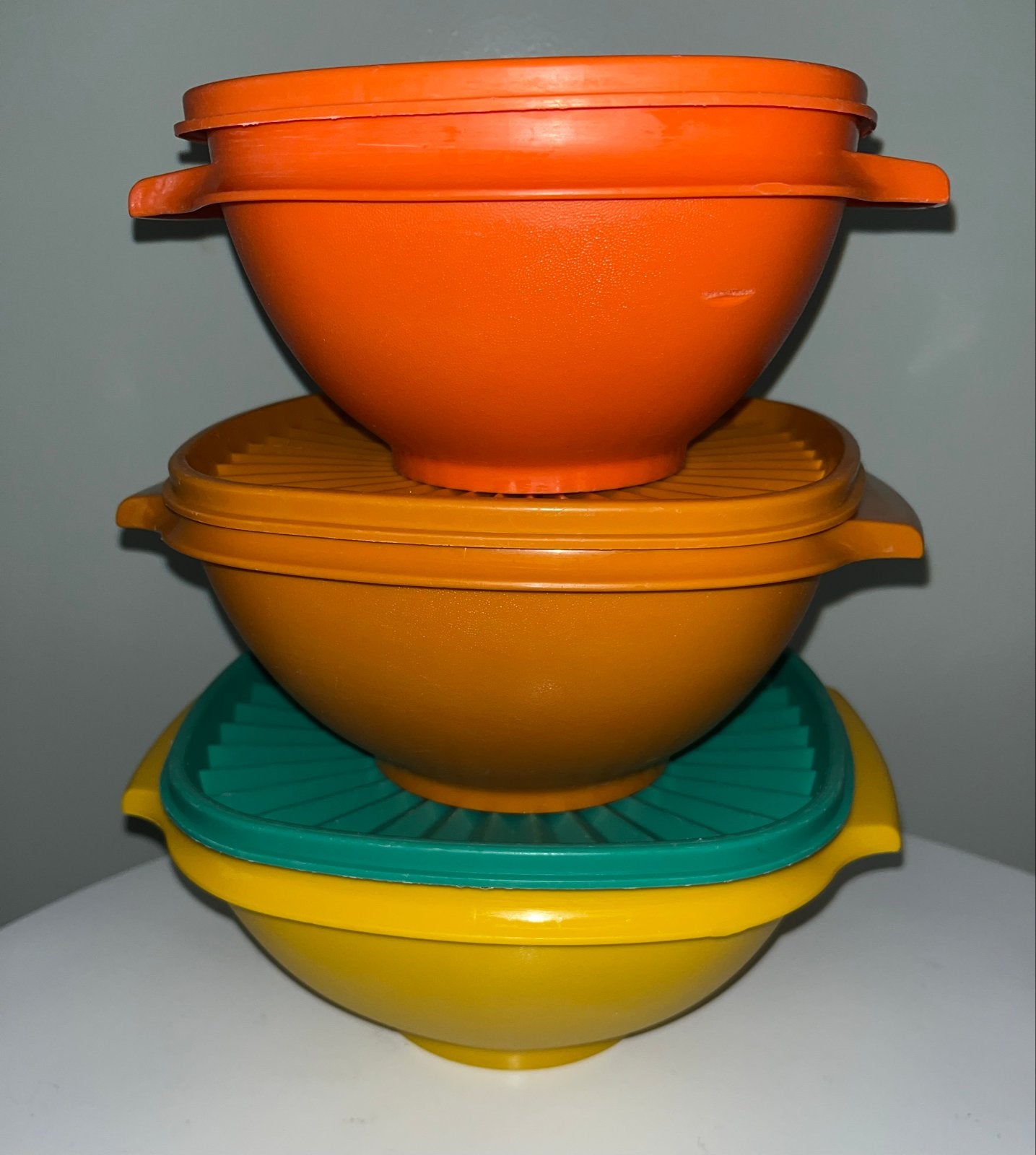 Vintage Tupperware kommen set - Oranje, Geel, Groen, Gebruikt, Schaal, Oranje, Ophalen of Verzenden