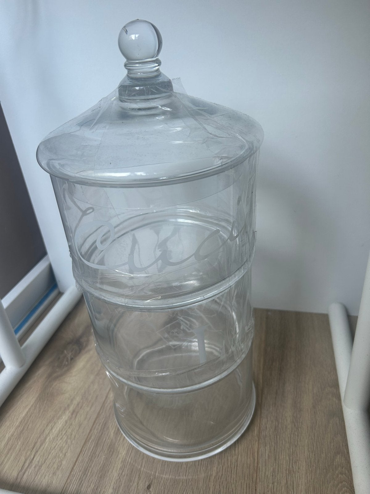 Grote stapelbare 3 potten met witte tekst, Ophalen, Zo goed als nieuw, Etagère, Glas