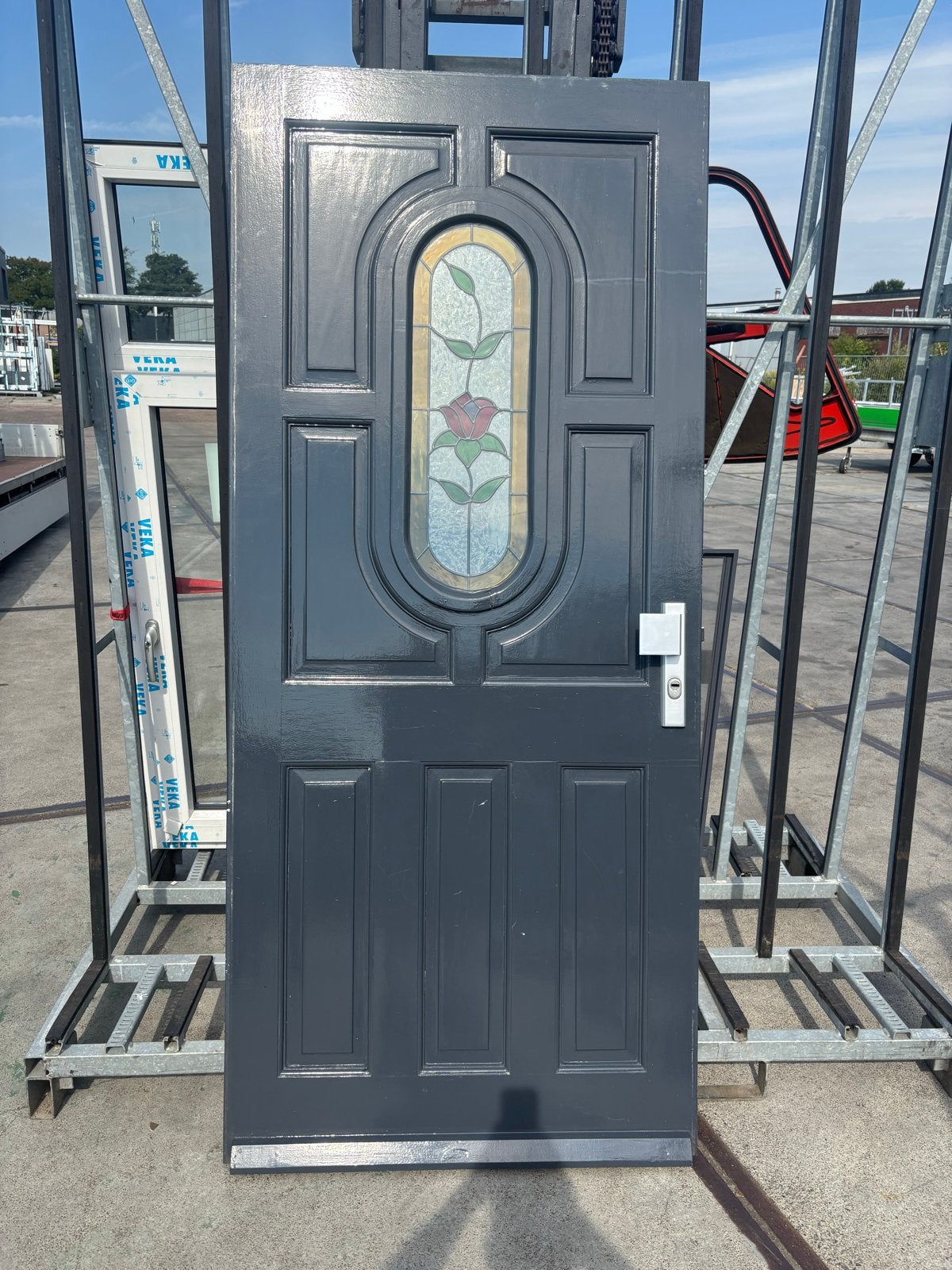 Houten voordeur  glas-in-lood 930 mm breed 2115 mm hoog, Ophalen, Gebruikt, 80 tot 100 cm, Buitendeur