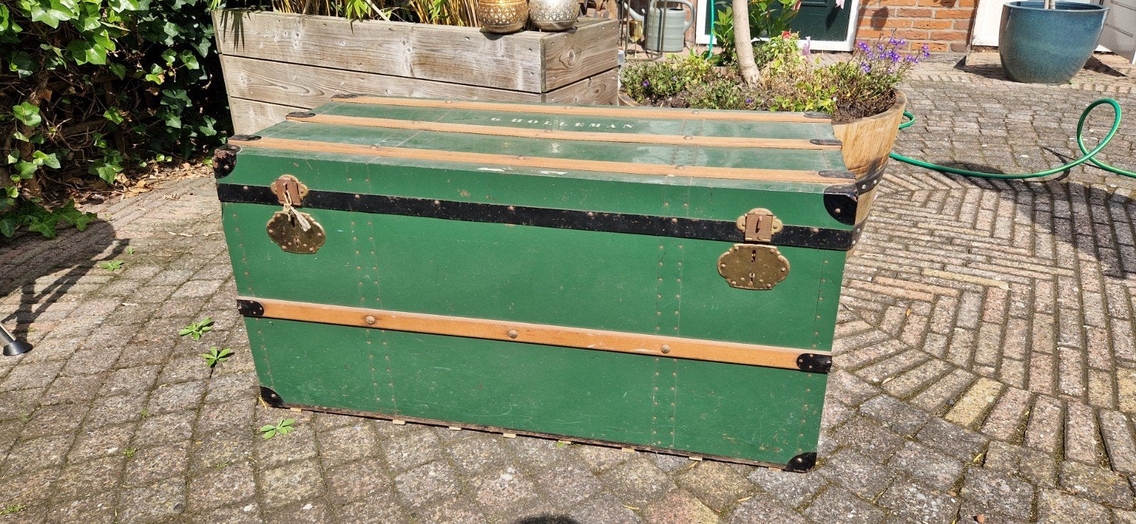Vintage groene reiskoffer / Dekenkist G. Holleman, Ophalen, Gebruikt, 100 tot 150 cm, 50 tot 75 cm