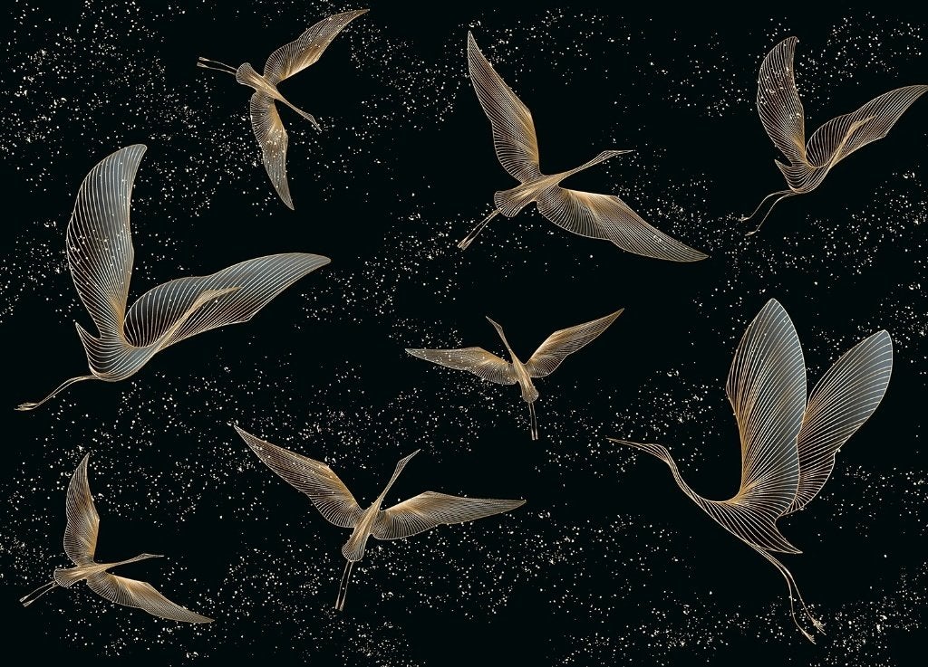 Golden Cranes vlies fotobehang - Kraanvogels - 375 x 270 cm, Verzenden, Fotobehang, Modern