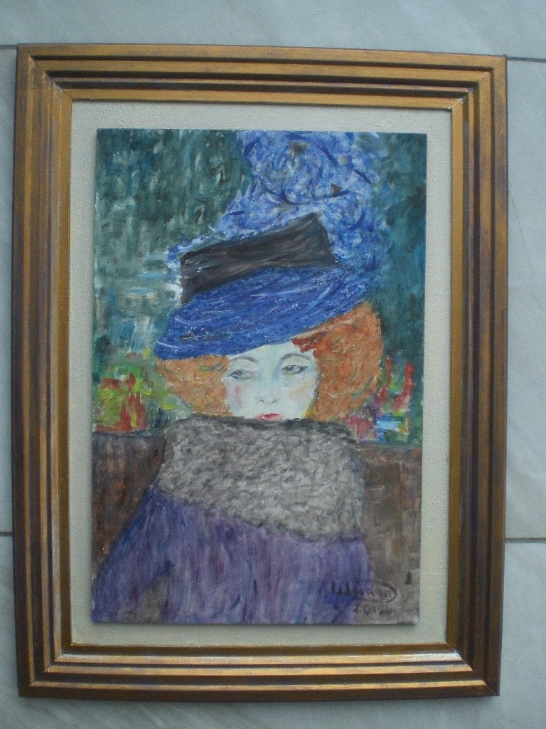 Dame met hoed en verenboa, vrij naar Gustave Klimt, Antiek en Kunst, Paneel, Portret of Personen, Ophalen of Verzenden, Gedateerd