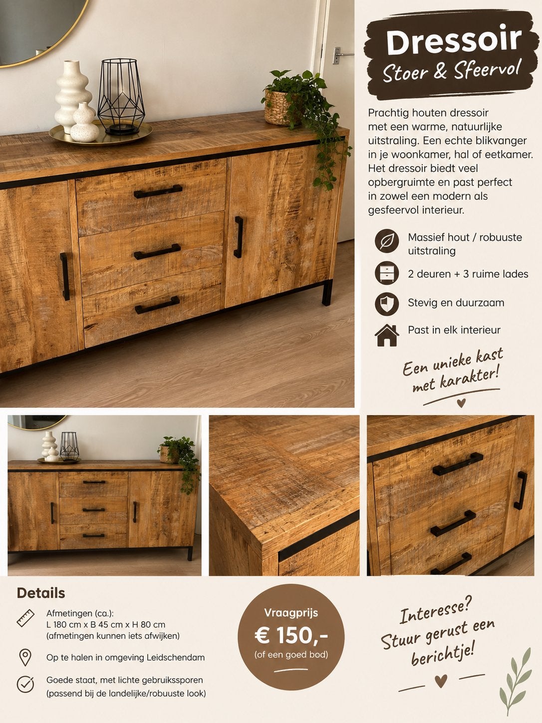 Stoer & Sfeervol Dresssoir van Massief Hout, Huis en Inrichting, Ophalen, Gebruikt, 150 tot 200 cm, Met lade(s)