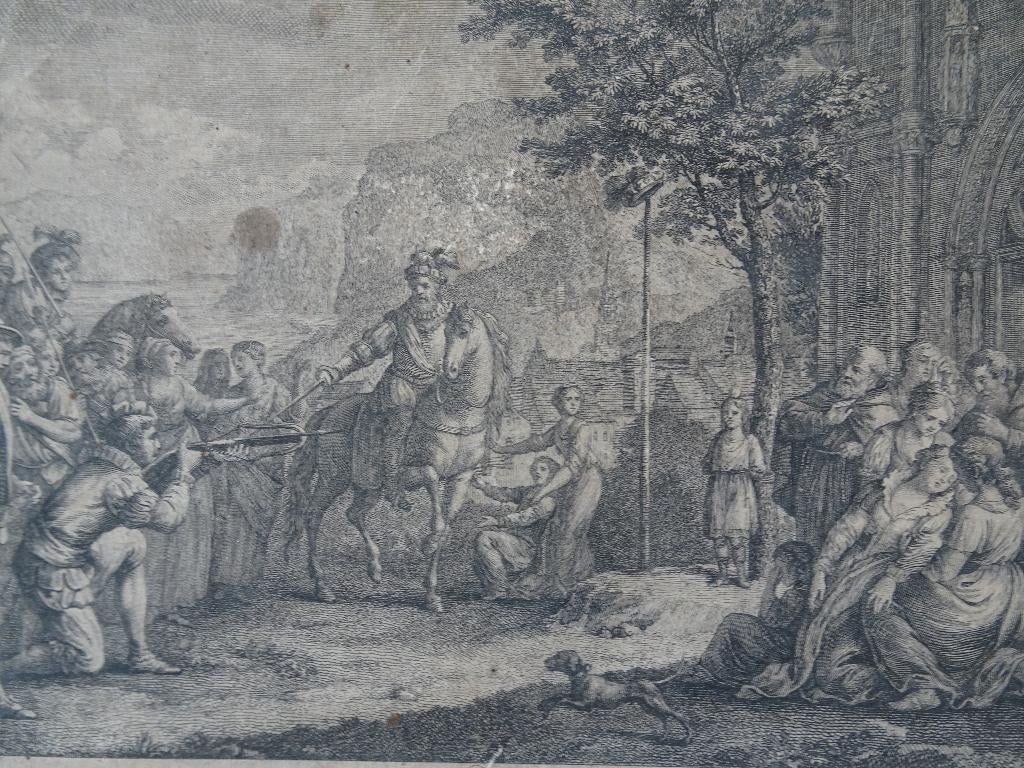 Gravure Willem Tell Zwitserland schiet appel van hoofd 1700, Antiek en Kunst, Verzenden
