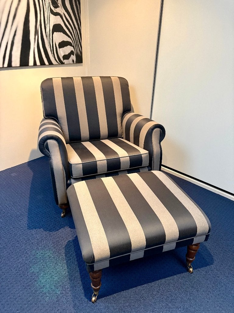 Fauteuil gestreept (donkergrijs/beige) inclusief hocker, Ophalen, Minder dan 75 cm, Nieuw, Stof
