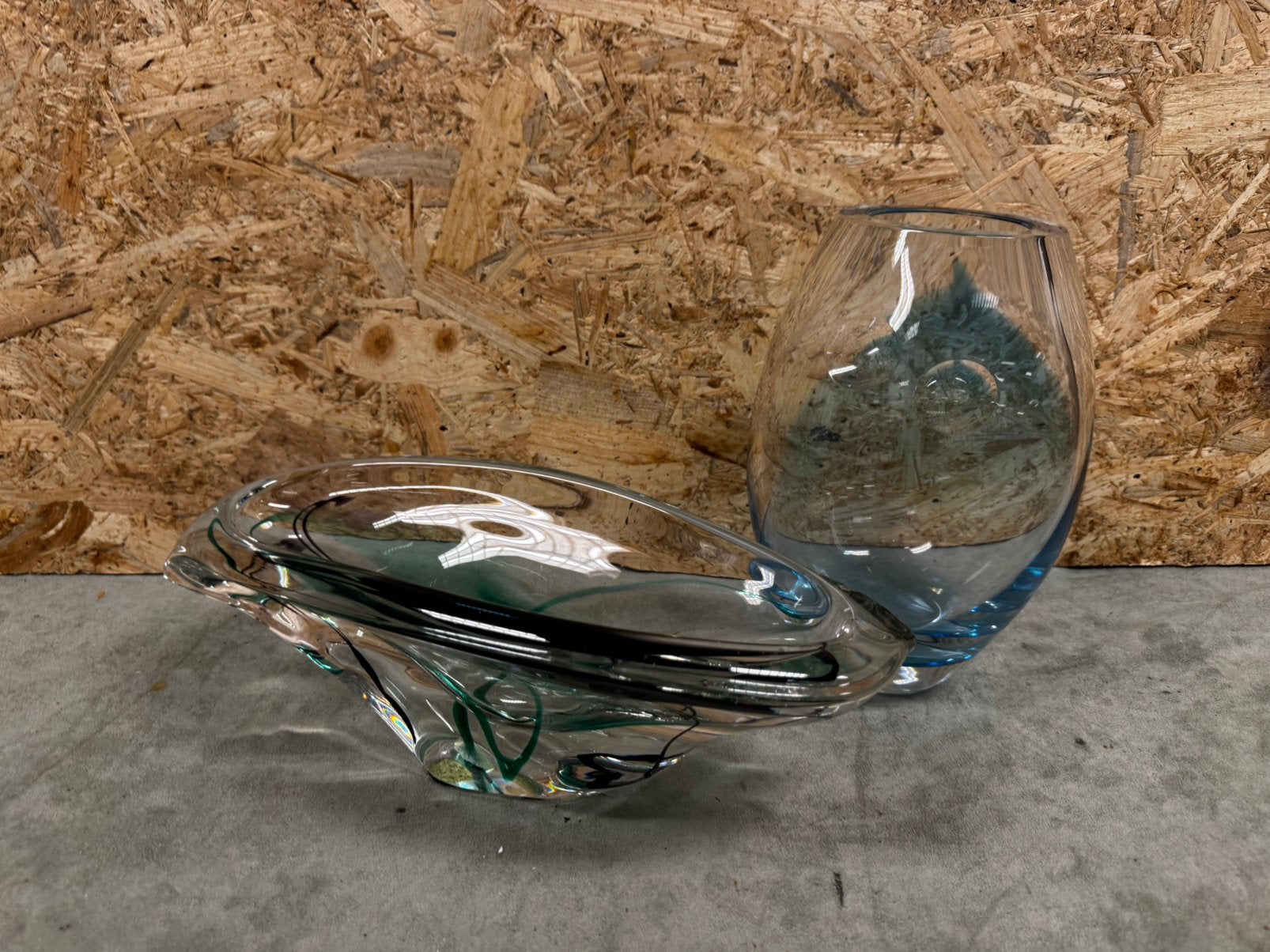Kunstglas: Zware Sommerso Vaas & Organische schaal - ReK4, Blauw, Ophalen of Verzenden, X, Glas