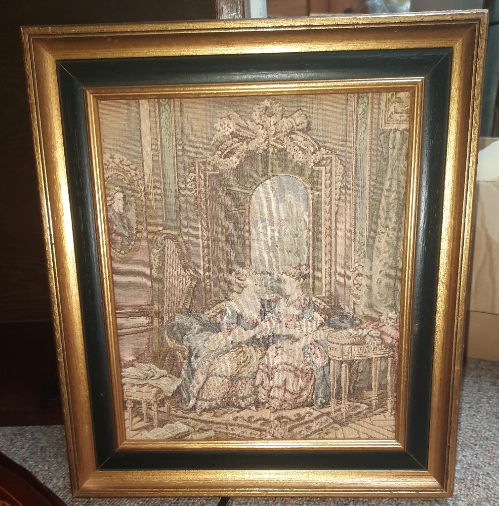 Vintage gobelin schilderij 2 dames in goudkleurige lijst, Minder dan 50 cm, Ophalen of Verzenden, Zo goed als nieuw, Schilderij