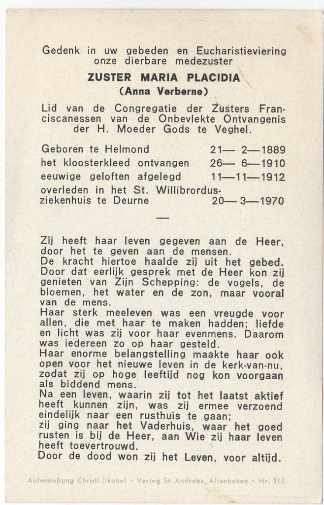 zr. Anna Verberne 1889 Helmond + 1970 Deurne, 81 jaar oud, Verzenden