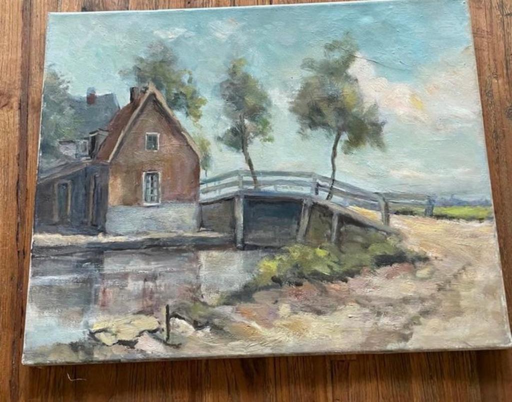 Olieverfschilderij: Hollands landschap met huis en brug, Antiek en Kunst, Kunst | Schilderijen | Klassiek, Ophalen of Verzenden
