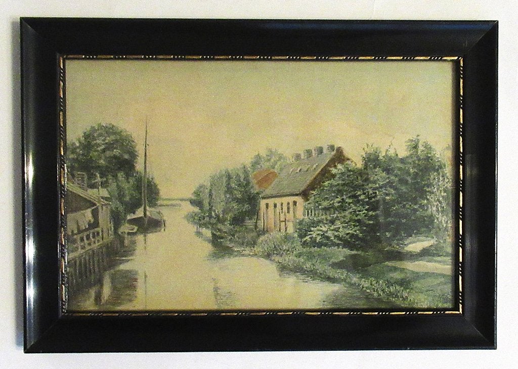 Leuk schilderij Boerderij aan het water, aquarel uit de ´50, Antiek en Kunst, Ophalen of Verzenden