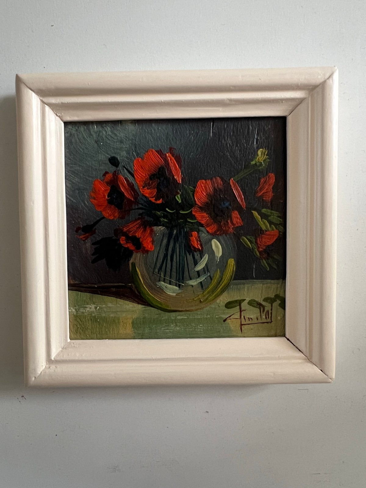 Schilderij met klaprozen in vaas, gesigneerd, Paneel, Realistisch, Stilleven, Ophalen of Verzenden