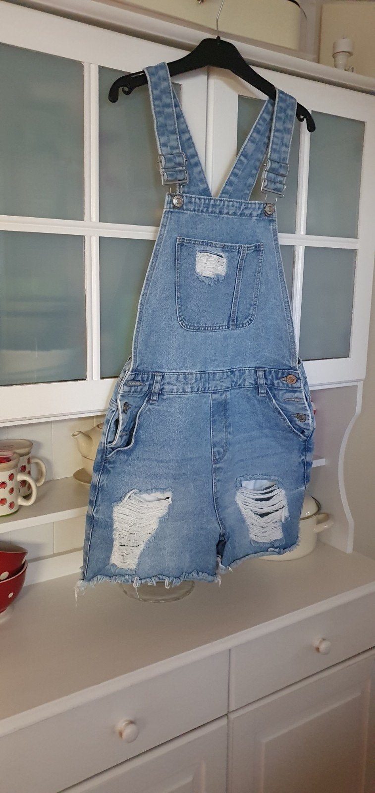 Denim Co. korte tuinbroek met scheuren, Kort, Blauw, Ophalen of Verzenden, Zo goed als nieuw