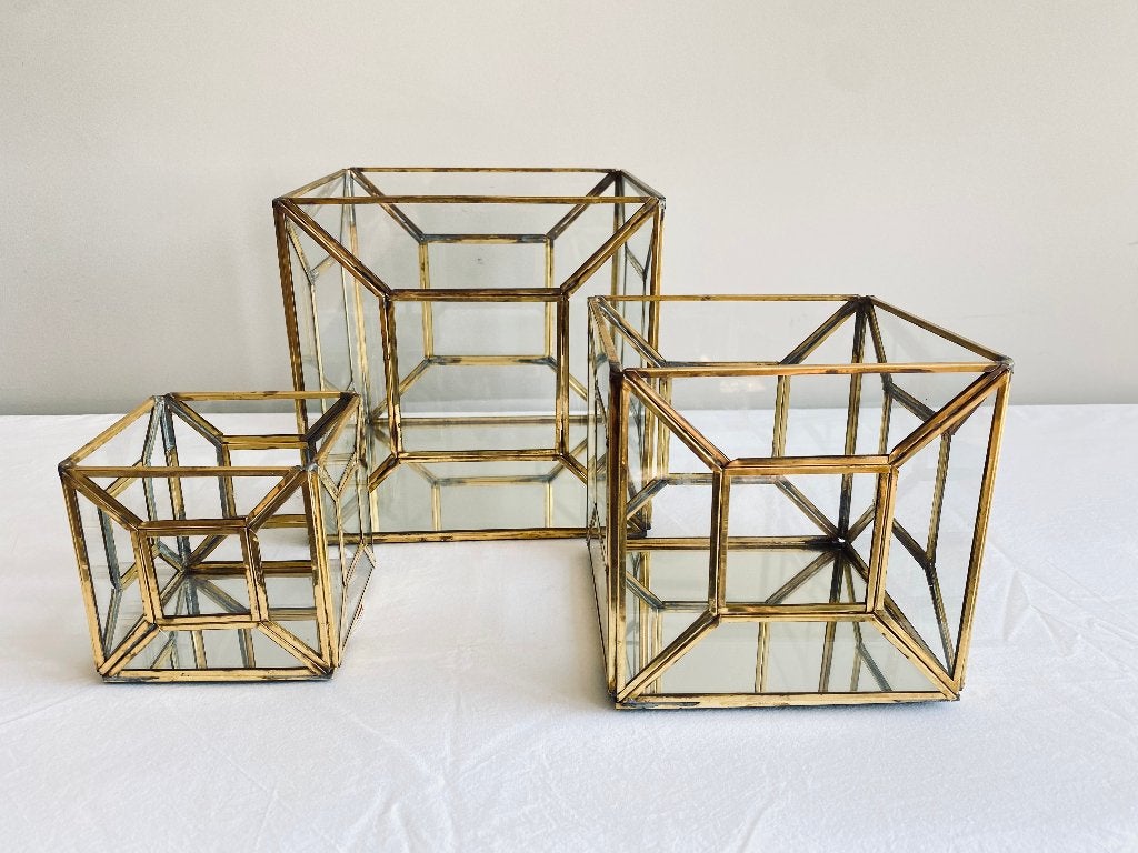 Set van 3 geometrische kubussen, messing & glas, Ophalen, Lantaarn, 20 cm, Goud