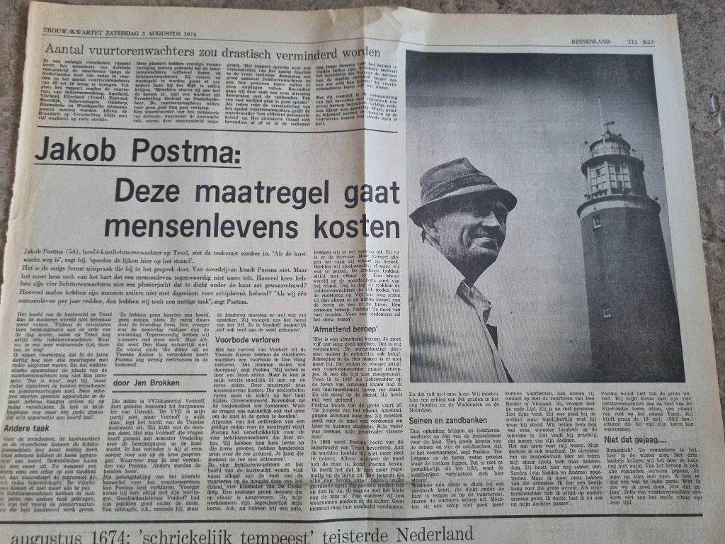 Artikel vuurtorenwachter Texel (1974), Verzamelen, Tijdschriften, Kranten en Knipsels, Ophalen of Verzenden, 1960 tot 1980, Knipsel(s)
