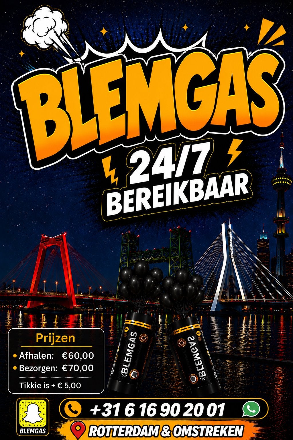 Lachgas Rotterdam 24/7, Hobby en Vrije tijd, Ophalen of Verzenden, Nieuw