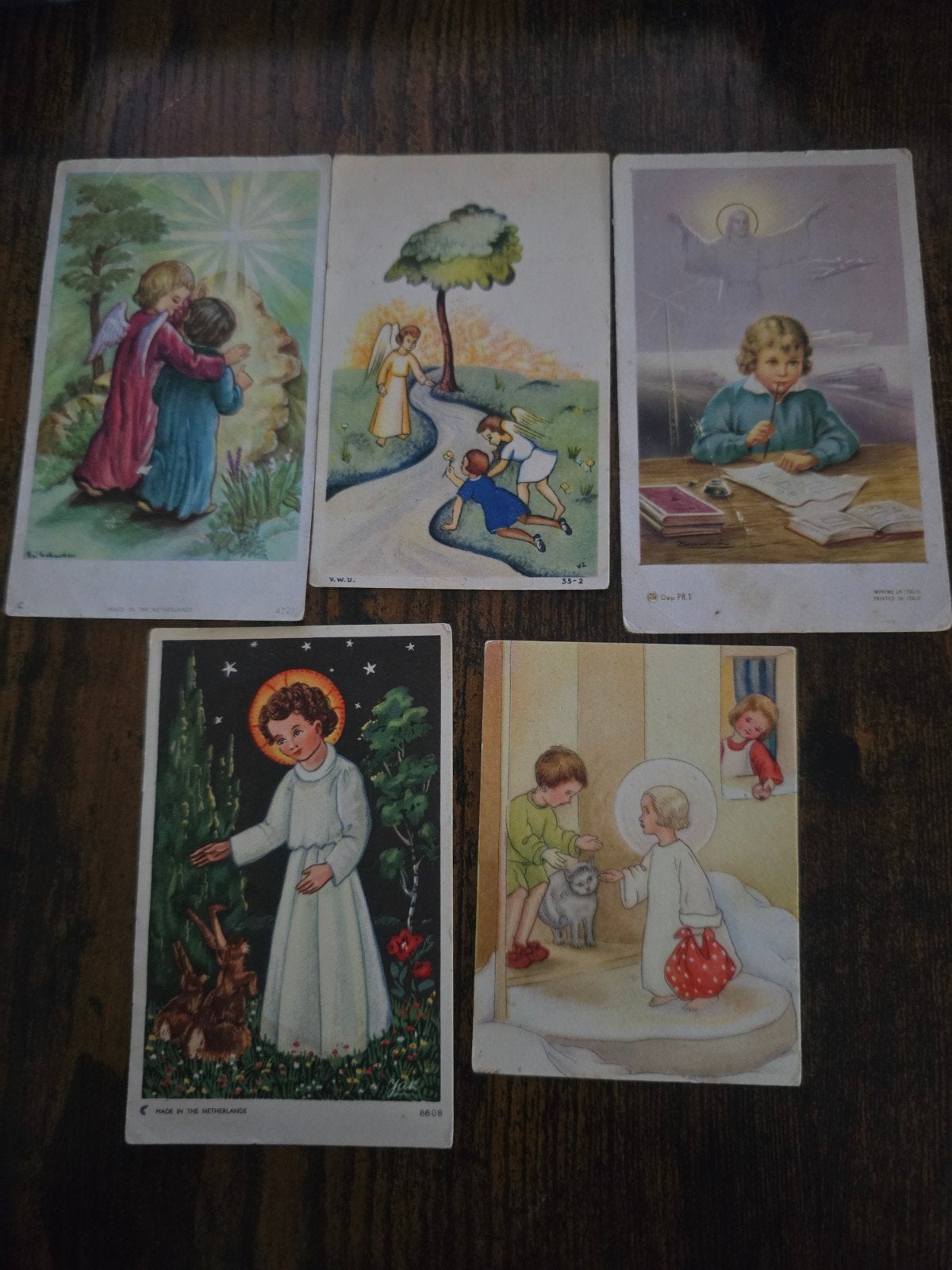 Set van 5 oude religieuze prentjes, ruim 60 jaar oud, Verzamelen, Ophalen of Verzenden, Gebruikt, Kaart of Prent, Christendom | Katholiek