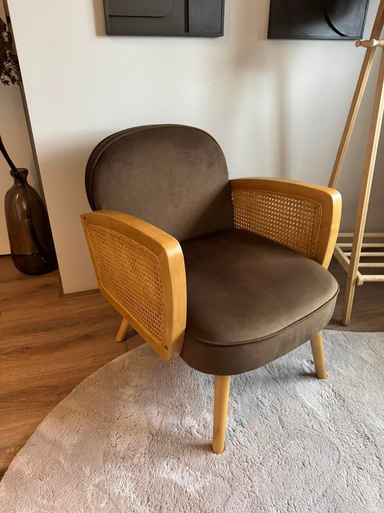 Fauteuil met webbing - velvet bruin 61x72x76cm, Ophalen, Vintage, 75 tot 100 cm, Zo goed als nieuw
