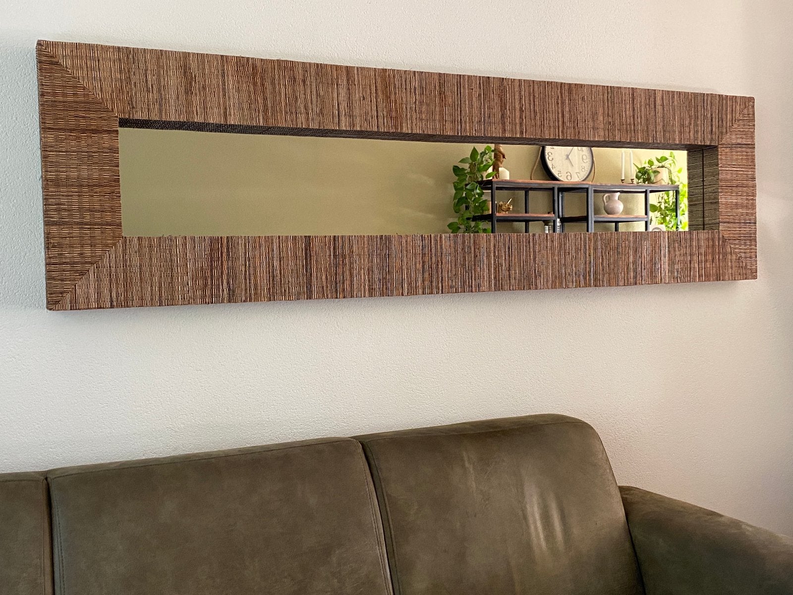 Grote spiegel met bamboe lijst - 200x55 cm, Ophalen, Rechthoekig, 50 tot 75 cm, 200 cm of meer