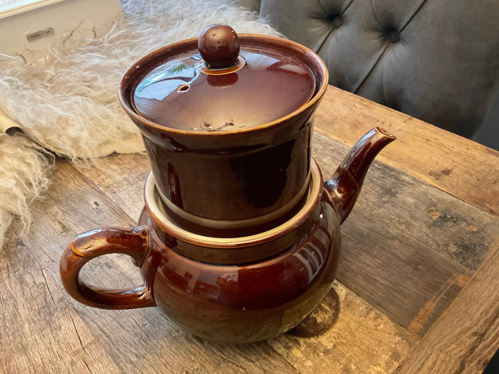 Vintage Bruine Keramische Koffiepot met Infuser, Ophalen