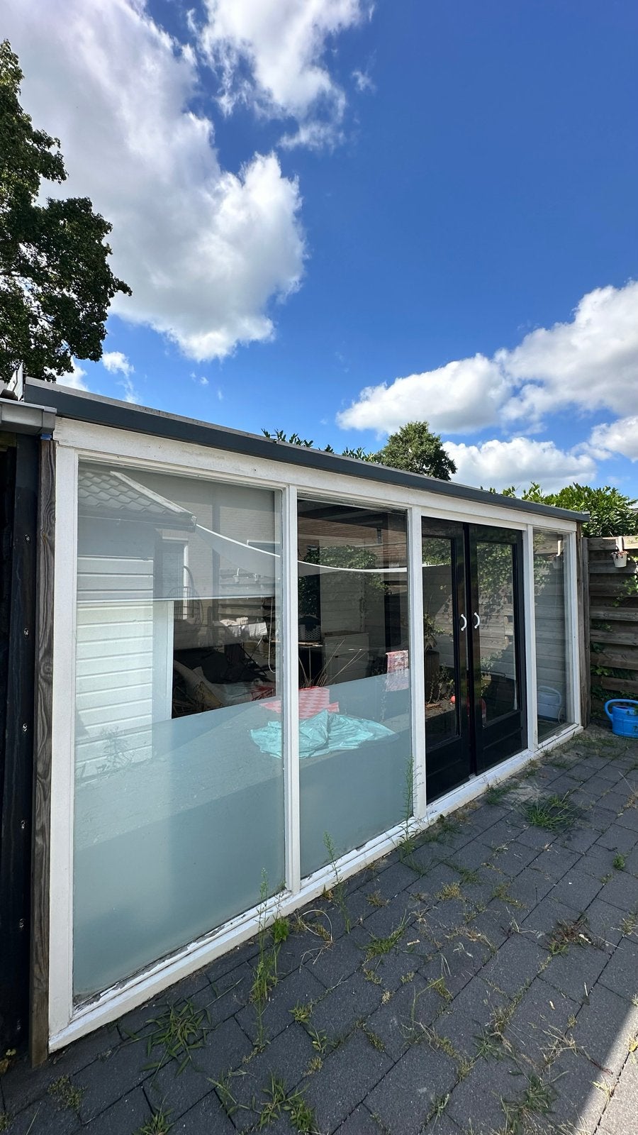 Glazen serre overkapping met schuifdeuren en dubbelglas, Doe-het-zelf en Verbouw, Ophalen, Gevelraam of Ruit, Gebruikt, 160 cm of meer
