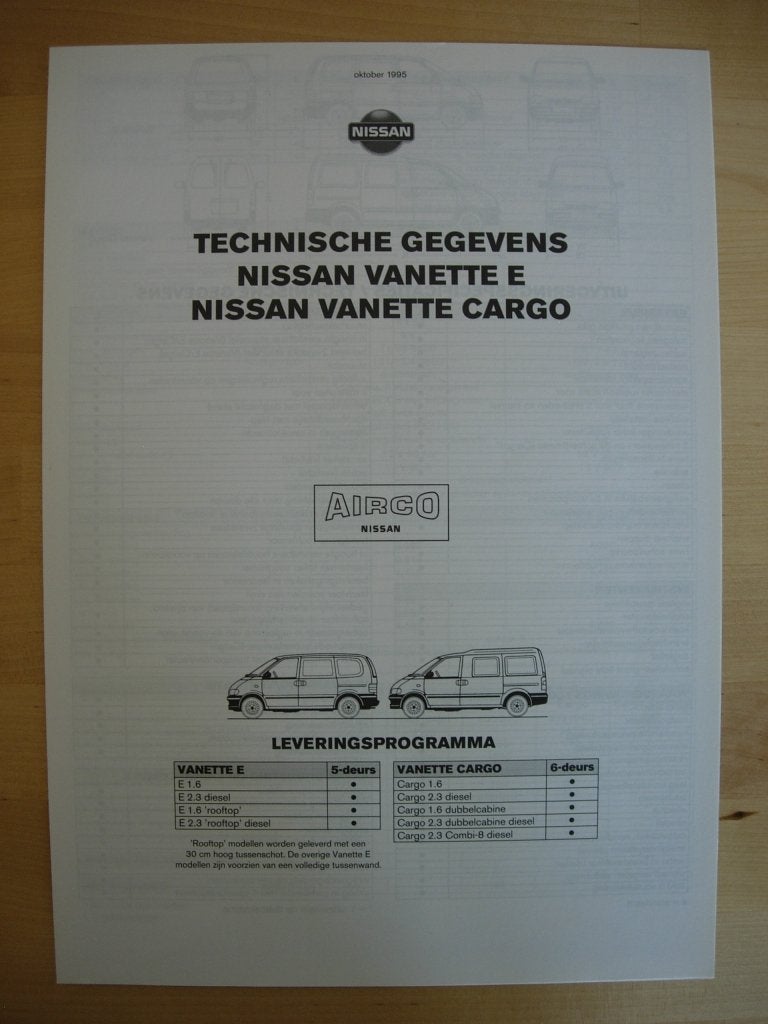 Nissan Vanette Brochure 1995, Ophalen of Verzenden, Zo goed als nieuw, Nissan, NISSAN