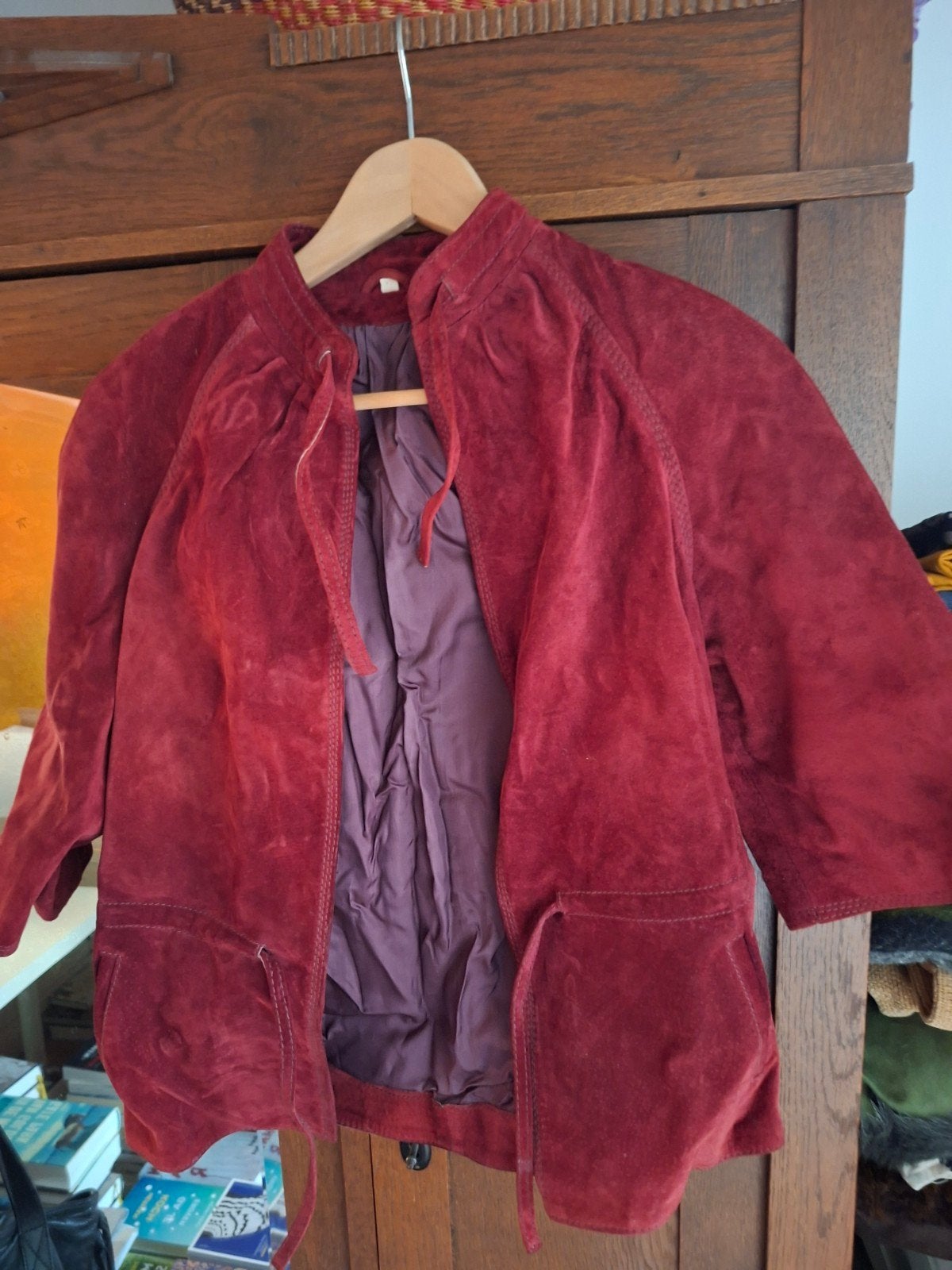 vintage 70ejaren wijnrood suede jasje maat 38, Verzenden, Maat 38/40 (M), Rood, Jasje
