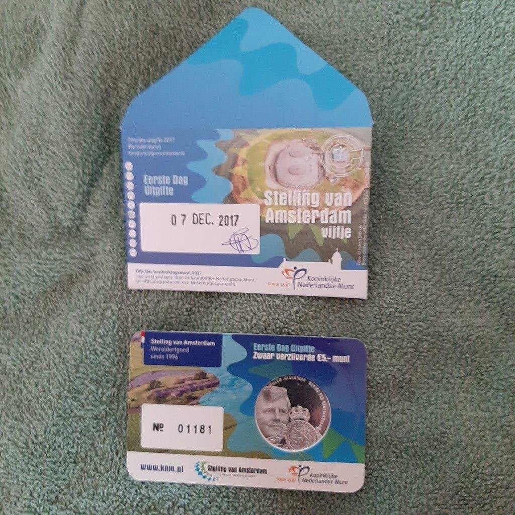 2017 Coincard Stelling van Amsterdam Vijfje (1e Dag)., Ophalen of Verzenden, Overige landen, 5 euro, Setje
