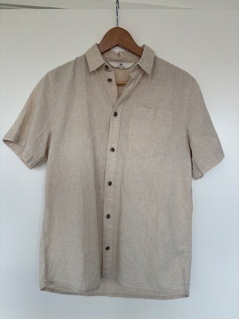 Linnen Overhemd met korte mouwen - Beige - Maat 164, H&M, Overhemd of Blouse, Nieuw, Ophalen of Verzenden