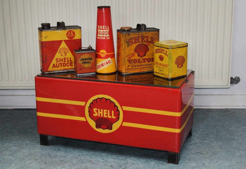 Zeldzame verzameling oude  shell olie blik blikken 1930, Verzamelen, Ophalen of Verzenden, Gebruikt, Reclamebord
