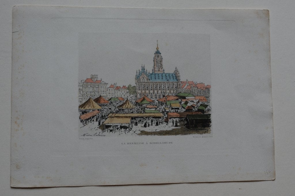 MIDDELBURG KERMIS Heliogravure Gekleurd mooie kwaliteit GY3, Antiek en Kunst, Stadsgezicht, Ophalen of Verzenden, Gravure, 12 cm