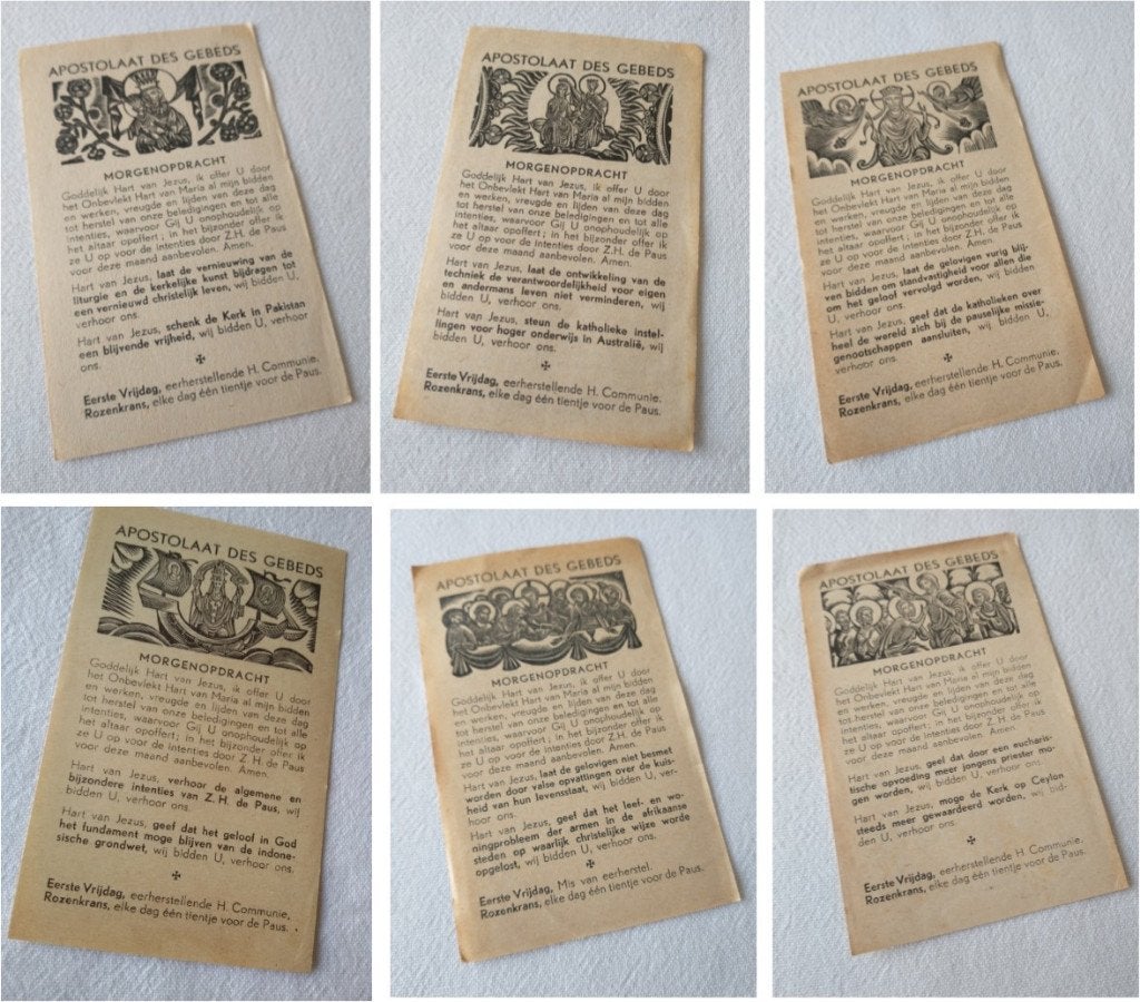 6 Bidprentjes Apostolaat des Gebeds 1957 en 1958, Ophalen of Verzenden, Bidprentje