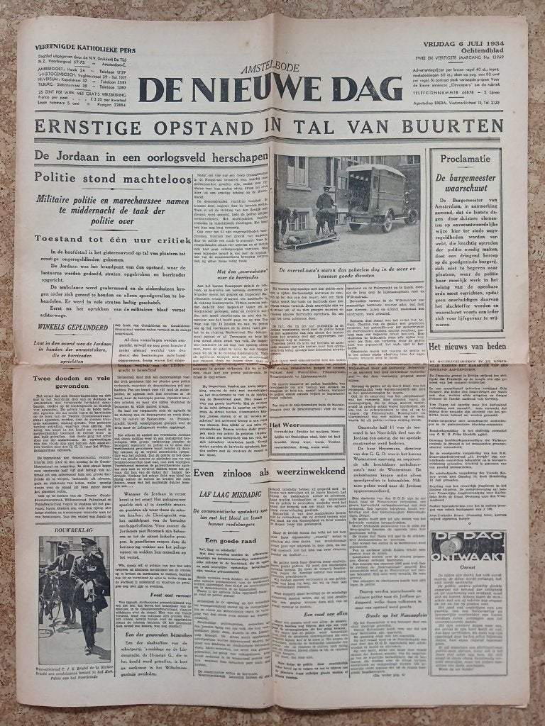 Jordaanoproer krant Amstelbode De Nieuwe Dag 6 juli 1934, Verzenden, 1920 tot 1940, Nederland, Krant