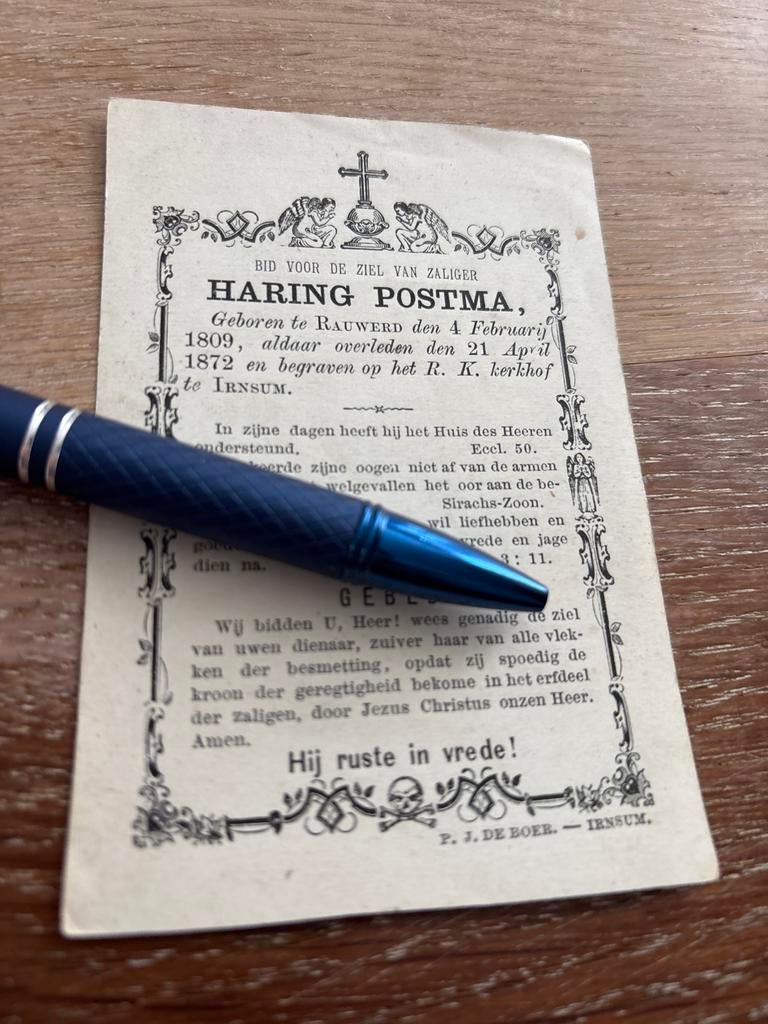 Zeer Oud = Postma Haring 1809 Rauwerd 1872 Irnsum -29983, Verzamelen, Bidprentjes en Rouwkaarten, Ophalen of Verzenden, Bidprentje