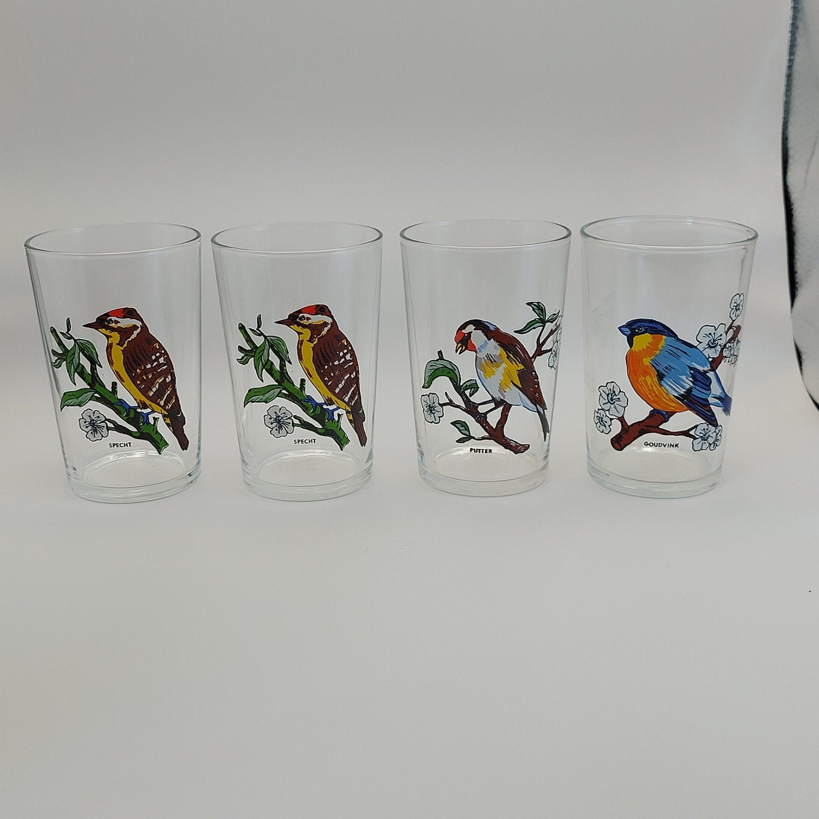 Vintage Glazen met Vogelprint - Specht, Putter, Goudvink, Glas of Glazen, Gebruikt, Ophalen of Verzenden, Glas