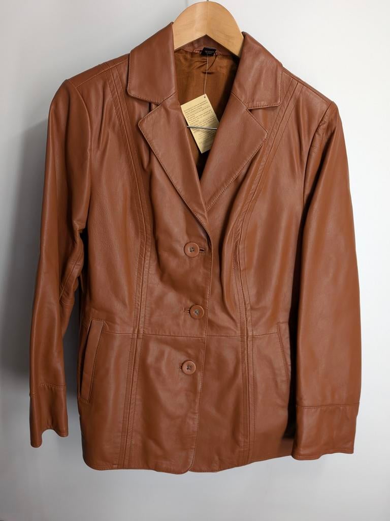 Vintage leren blazer cognac bruin echt leer maat M 38, Maat 38/40 (M), Leather, Bruin, Nieuw