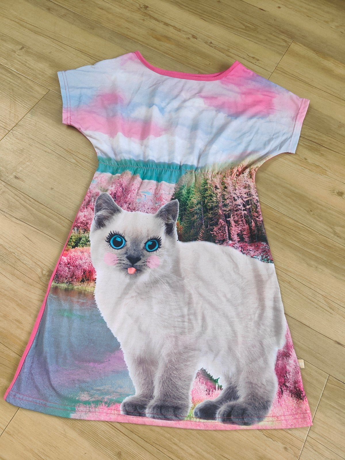 Roze Kunstboer zomerjurkje met kat poes - Maat 12 - 146 152, Ophalen of Verzenden, Zo goed als nieuw, Meisje, Jurk of Rok