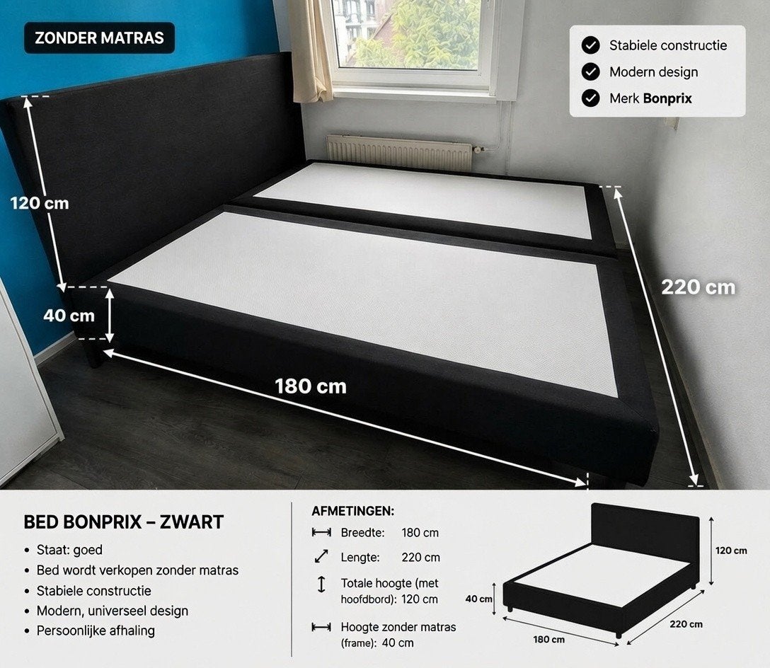 Bonprix Kingsize Bed Zwart - (zonder matras, Huis en Inrichting, Ophalen of Verzenden