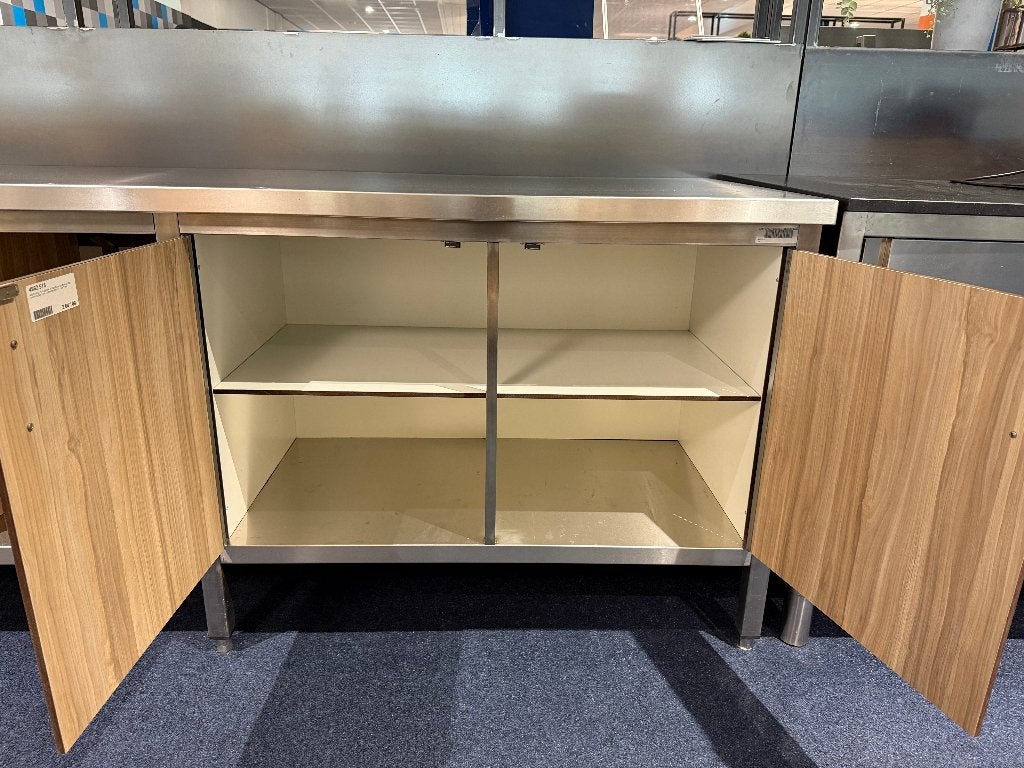RVS werktafel met volkern ladenblok en draaideurkast, Ophalen of Verzenden, Gebruikt, Meubilair