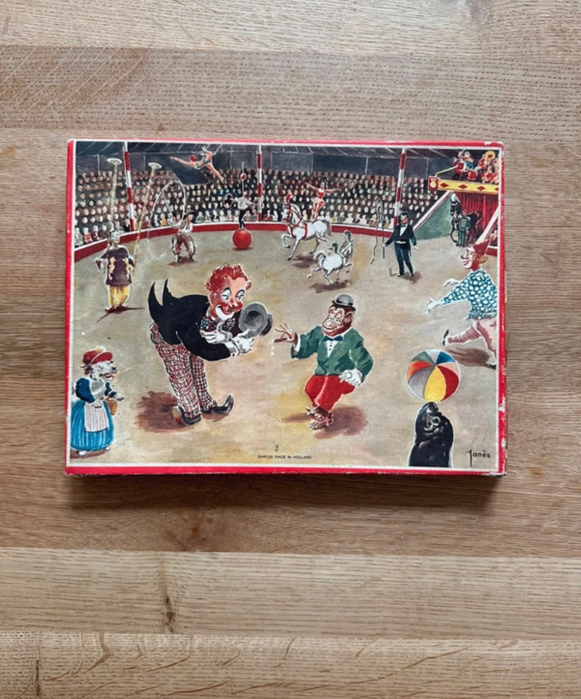 Vintage triplex puzzel in circus thema, simplex, Gebruikt, 10 tot 50 stukjes, Ophalen of Verzenden, Van hout