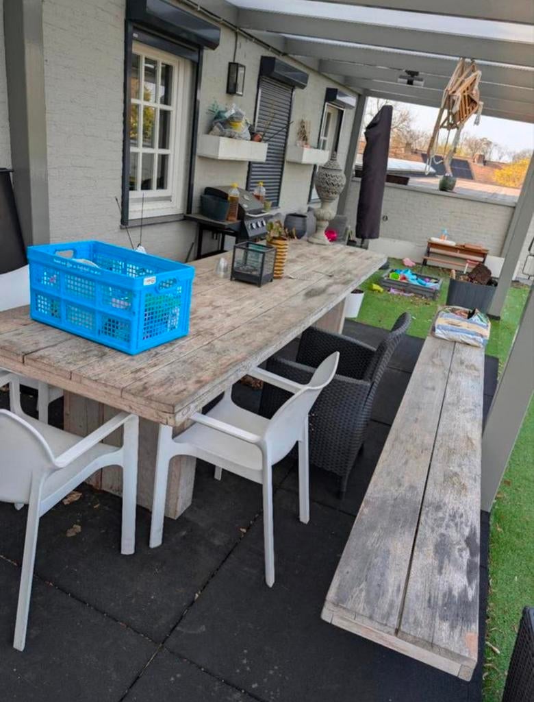 Robuuste steigerhouten tuintafel met bank(3.5x1m), Tuin en Terras, Tuintafels, Ophalen, Gebruikt, Rechthoekig, Hout