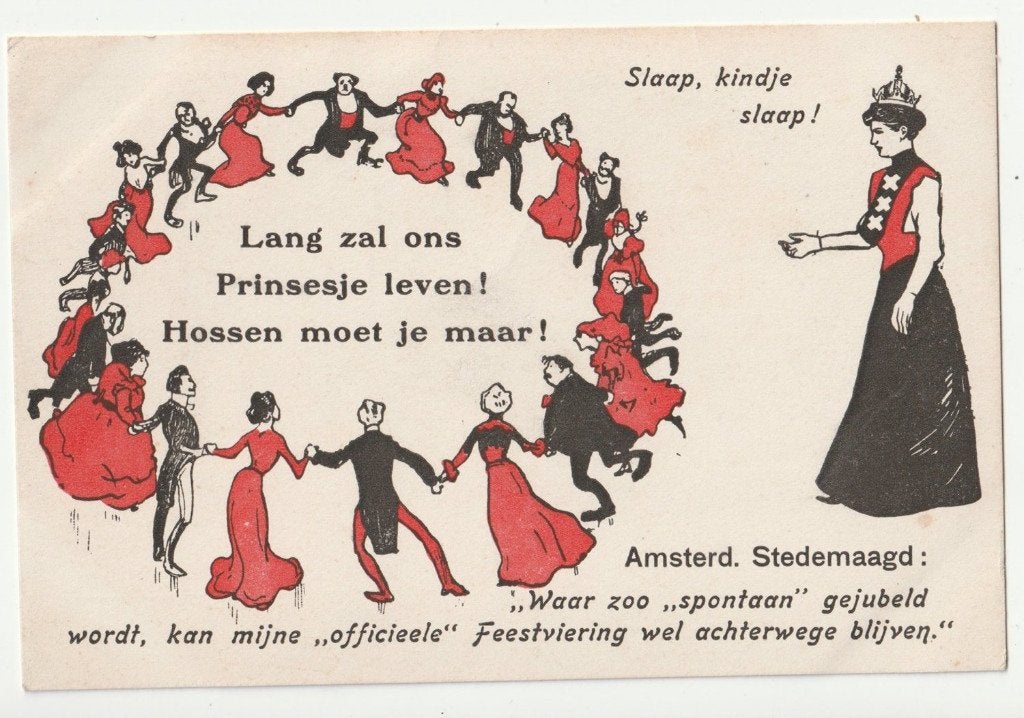 Geboorte Juliana Amsterdamse stedenmaagd feest ansicht, Verzamelen, Koninklijk Huis en Royalty, Gebruikt, Verzenden, Kaart, Foto of Prent