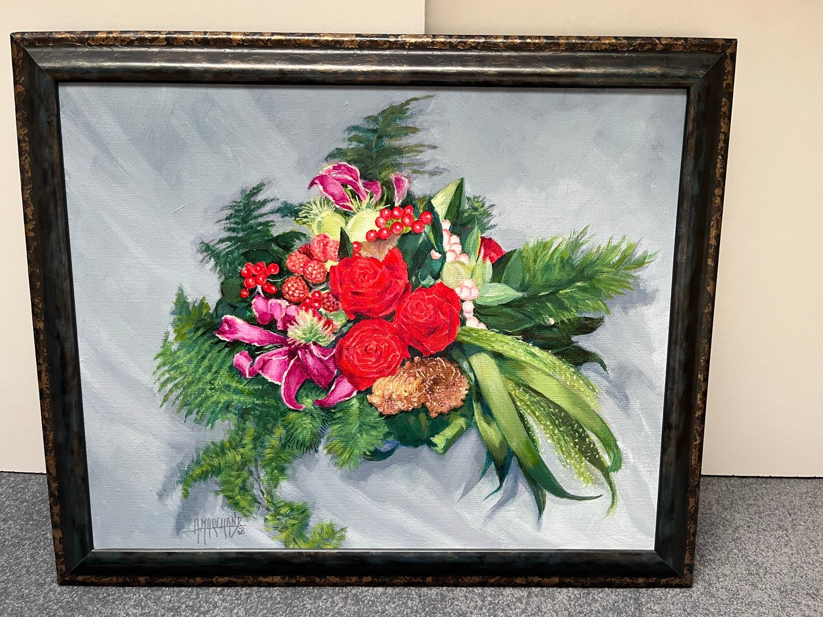 Schilderij bloemenboeket, gesigneerd, ingelijst, Ophalen of Verzenden, Bloemen, Textiel, Gesigneerd