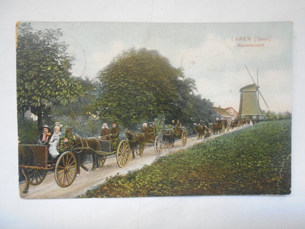 Laren (Gooi) Boerenbruiloft 1905 met molen - Antieke Kaart, Verzamelen, Ophalen of Verzenden, Voor 1920, Gelopen, Noord-Holland