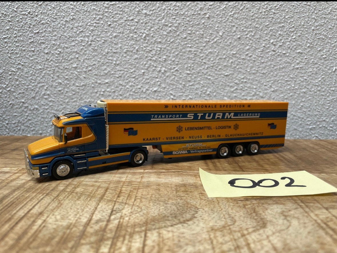 002 Herpa Scania 144L Torpedo Spedition Sturm koeloplegger, Ophalen of Verzenden, Zo goed als nieuw, Bus of Vrachtwagen, Herpa
