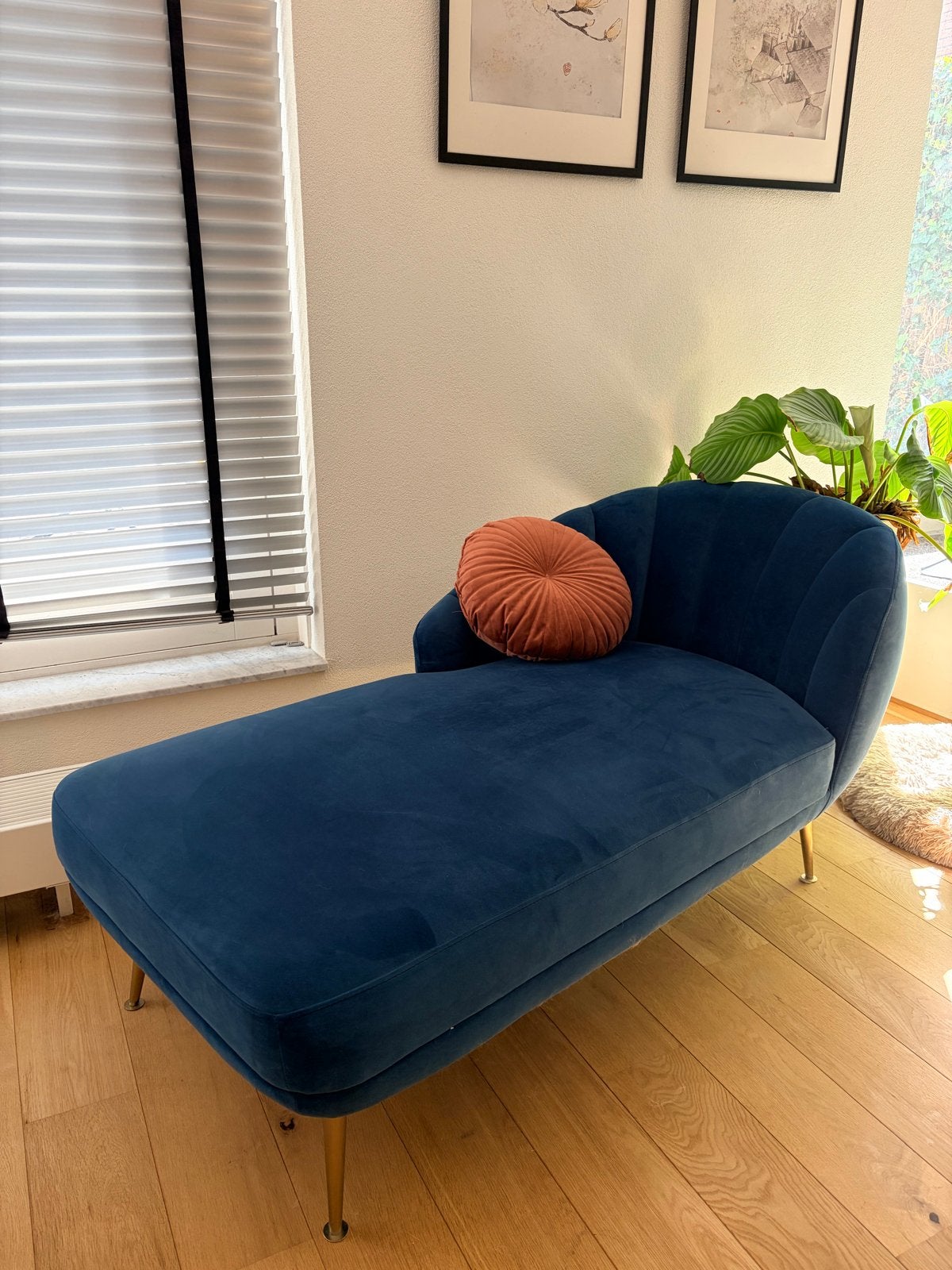 Luxe fluwelen chaise longue - Blauw, Ophalen, Eenpersoons, Zo goed als nieuw, Minder dan 150 cm