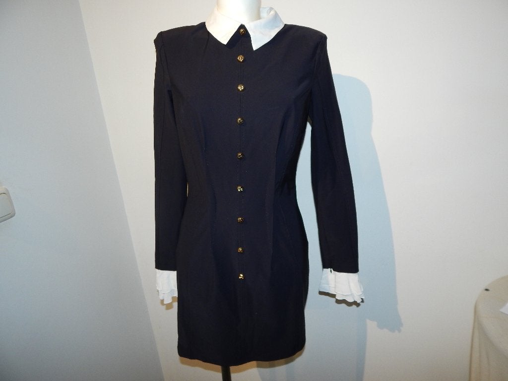 Elisabetta Franchi stretch jurk gouden knopen wit accent I44