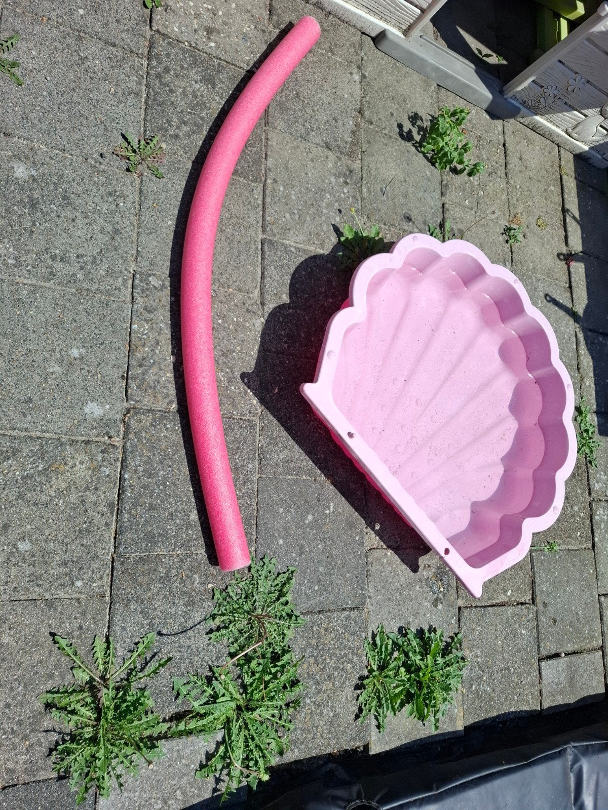 Roze schelp en rode zwemnoodle, Ophalen