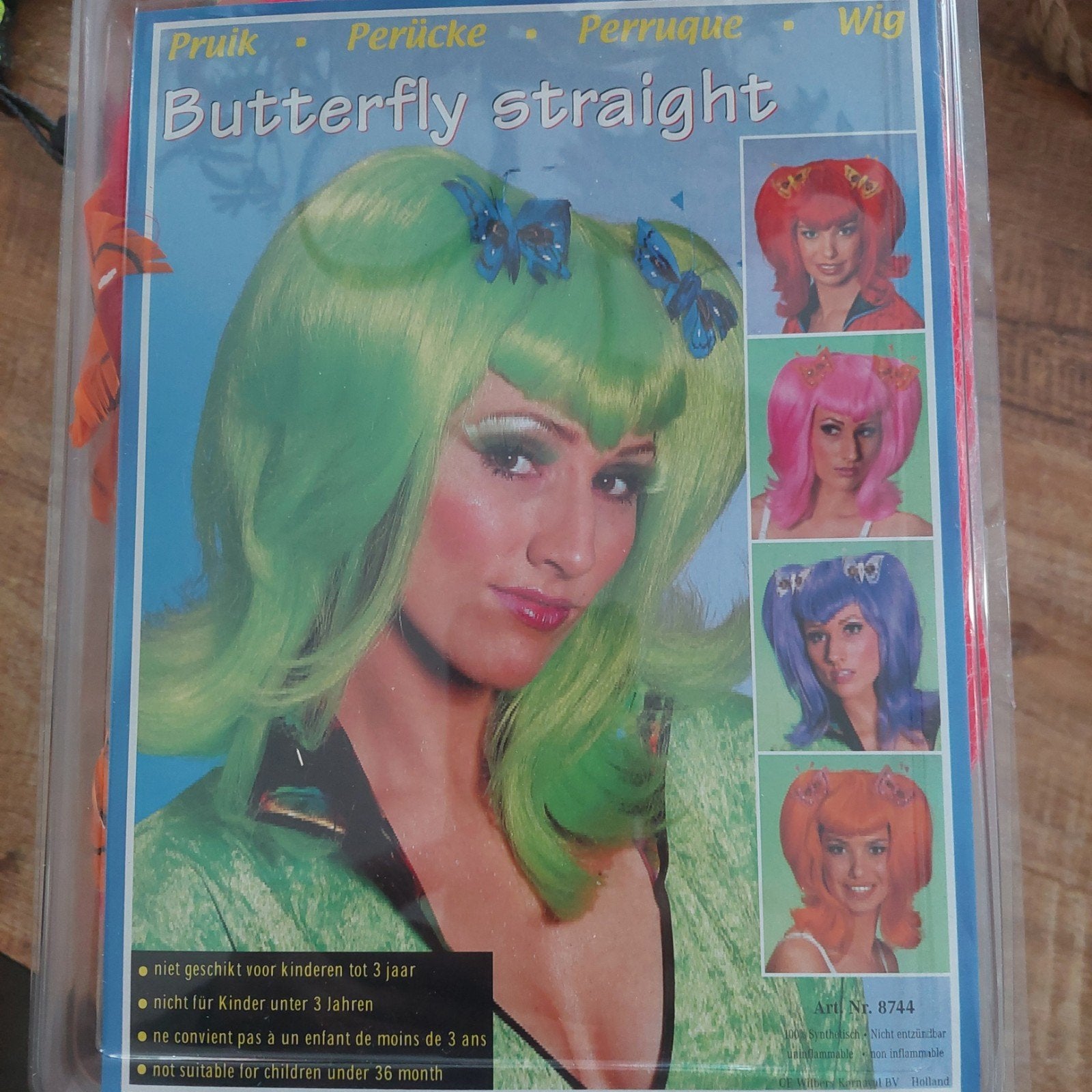 Groene pruik 'Butterfly Straight' met vlinders, Ophalen of Verzenden, Gebruikt, Accessoires