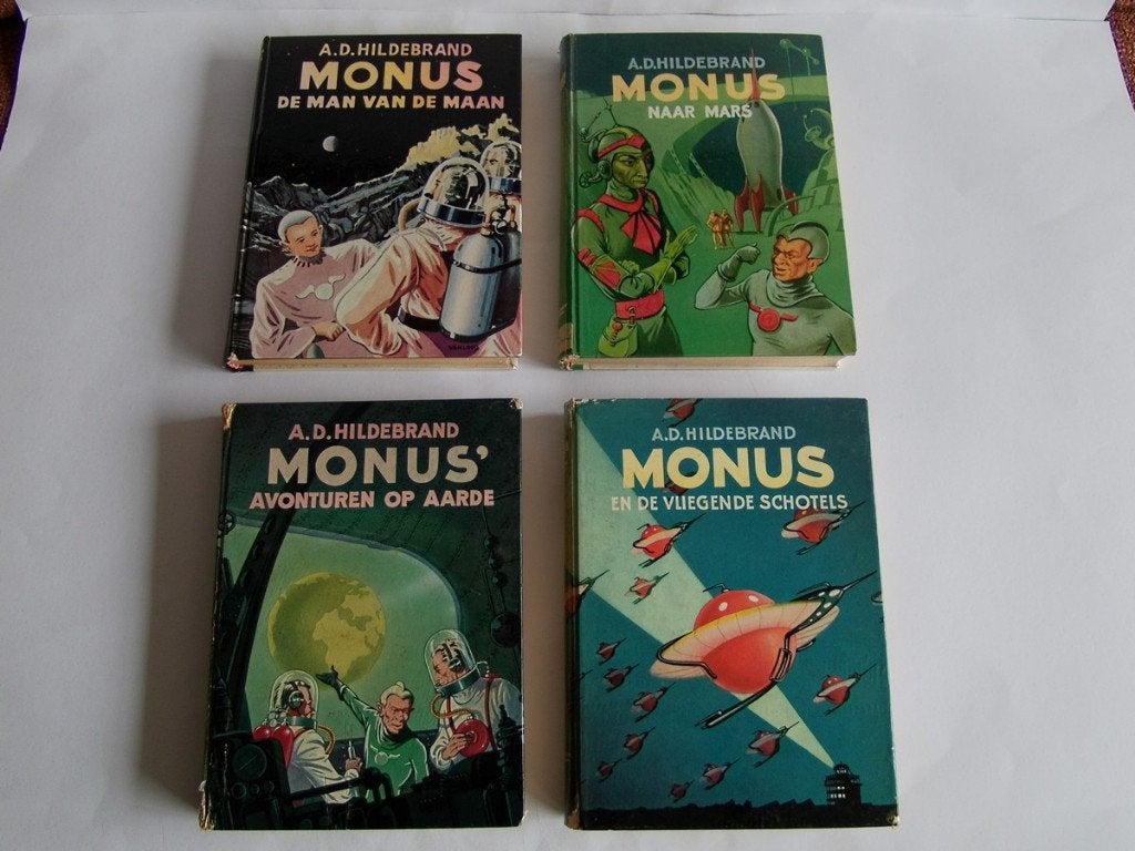 Oude Monus de Man van de Maan boeken, 4x, A.D. Hildebrand, Boeken, Ophalen of Verzenden, Gelezen, A.D. Hildebrand